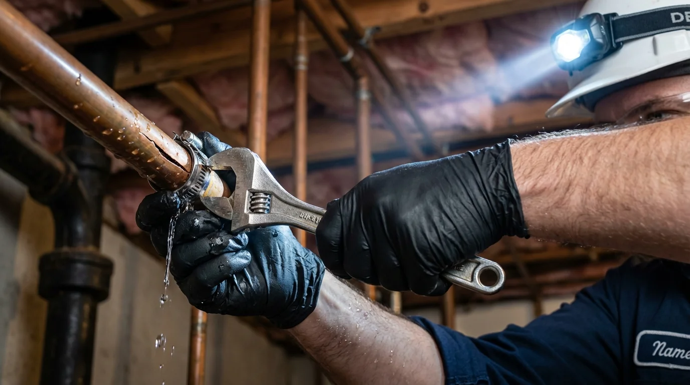 Emergency pipe clamp repair being performed by a Johns Plumbing LLC plumber in Shell Knob