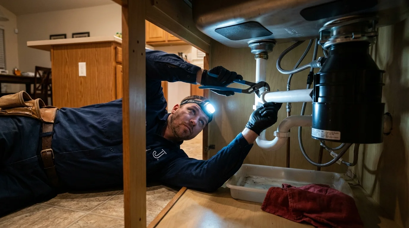 P-trap and supply line connections under a kitchen sink showing a common leak point in Shell Knob, MO